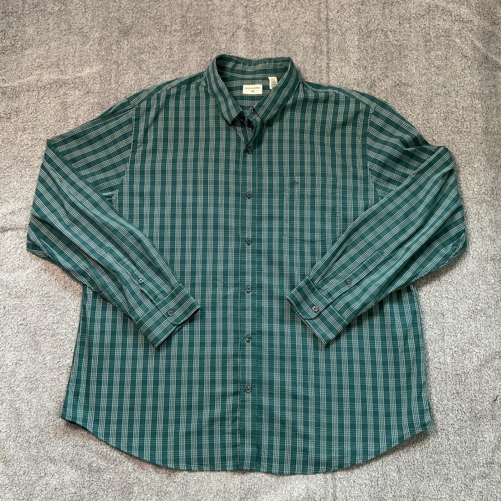 Dockers Mens XXL Green Plaid Long Sleeve Button Down Shirt Pocket Cotton Blend